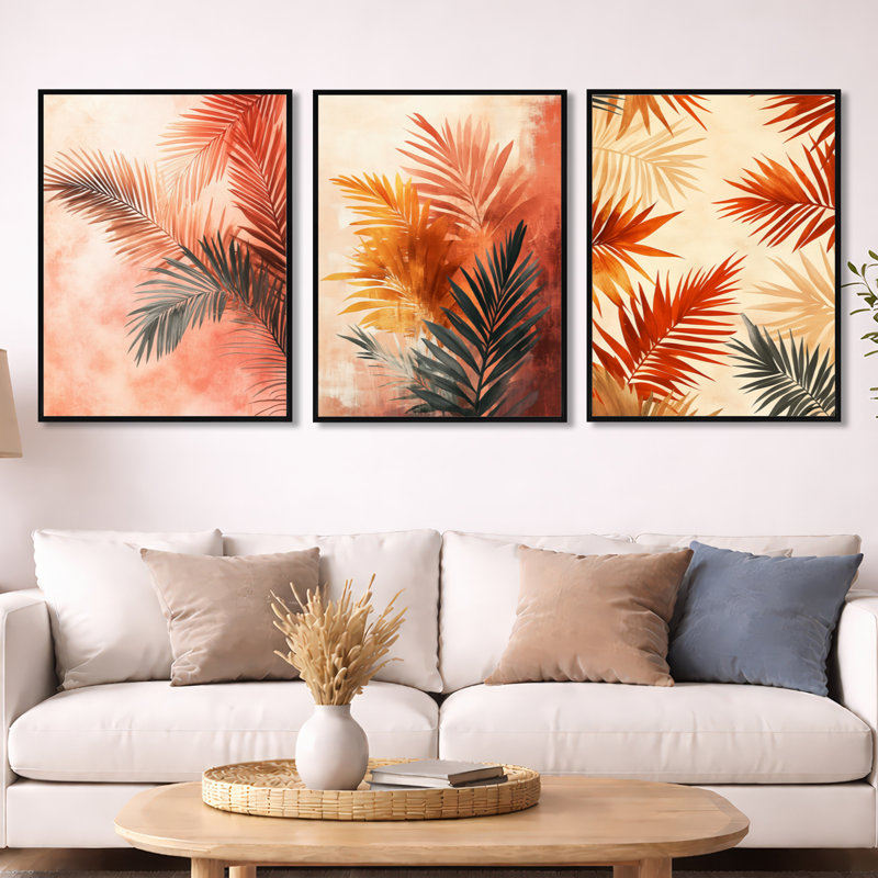 «Terracotta Palm Vibes - Pink Palms», ensemble de 3 reproductions d'art sur toile, H 32 po x l 72 po, Cadre flottant noir