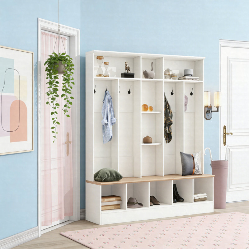 Wide Hall Tree With Storage Bench, Shoe Cabinet With Cube Storage, Shelves & 8 Hooks, Minimalist Entryway Coat Rack, White