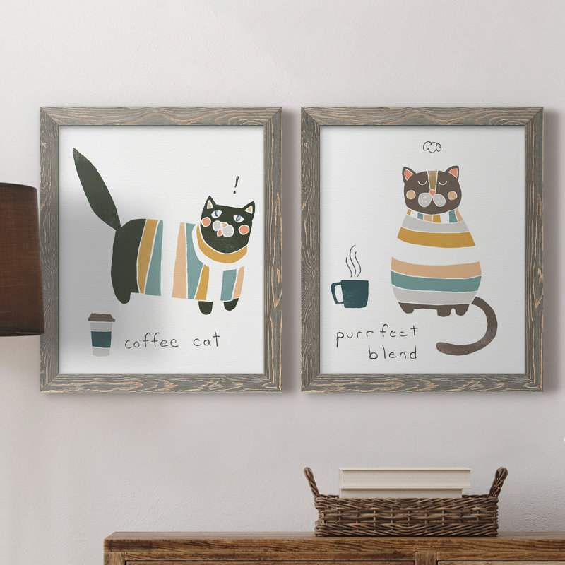 Coffee Cats III - ensemble de 2 reproductions d'art textuel sur toile, Toile avec cadre gris, H 24 po x l 36 po x P 1,5 po