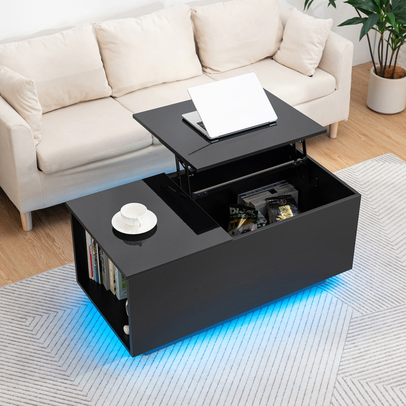 Table basse à plateau relevable avec station de charge et lumière DEL RVB, compartiment caché, Noir