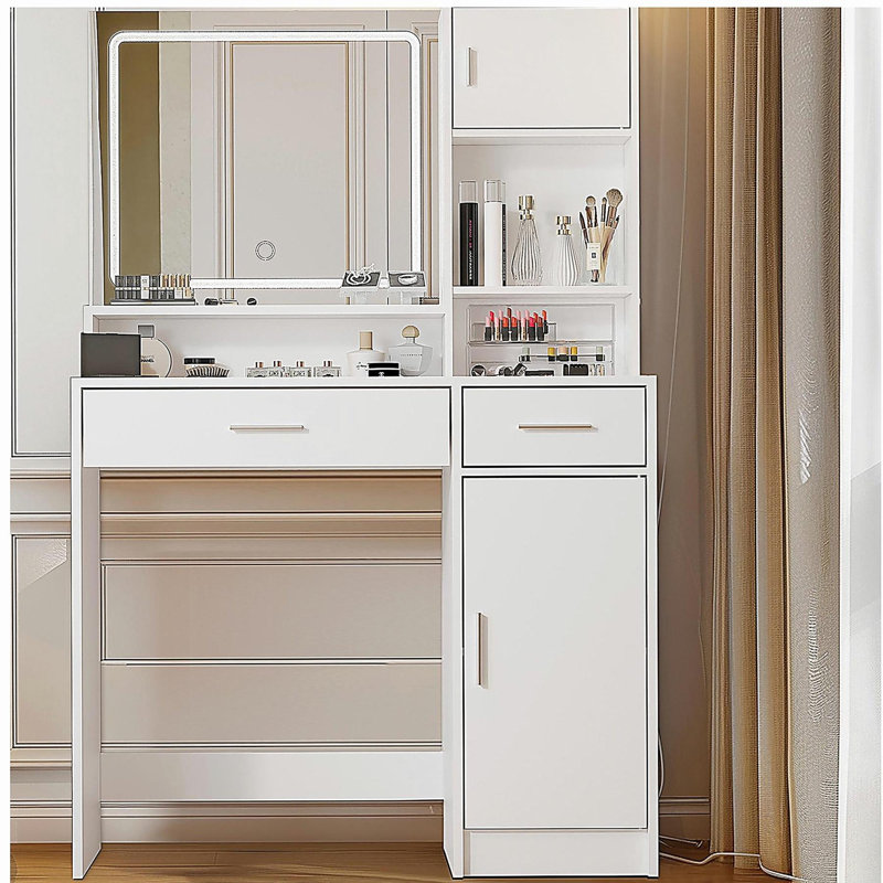 Vanity Desk with Mirror and LED Light Strip,Dressing Table with Large Drawer, 3 Level Storage Dresser & 3 Lighting Modes Adjustable Brightness, Suitable for Bedroom(white)