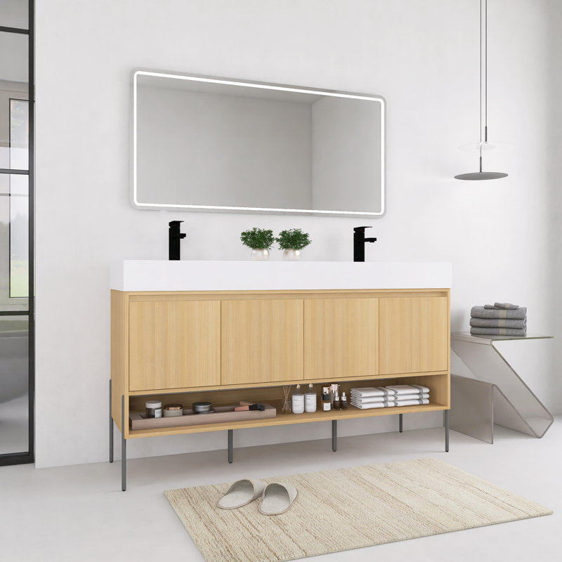Meuble-lavabo autoportant de 60 pouces avec lavabo en résine, portes à fermeture douce, chêne original, 59.08", Lit double