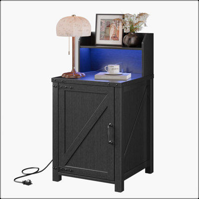 OKD Nightstand With Charging Station, 18 Inch Farmhouse End Table With Barn Door And Adjustable Storage Shelf, Rustic Wood Sofa Side Table W/Magnetic by Latitude Run