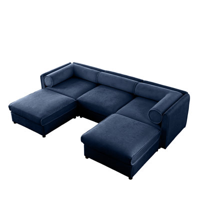 Chenille Fabric With Storage Seat - U-shaped 3 Blue Couch Ergonomic Cylindrical Design Modern And