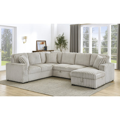 122'' Oversized U Shaped Corduroy Sectional Sleeper Sofa with Pull Out Bed, Storage Chaise Lounge and USB Charging Port, Khaki 