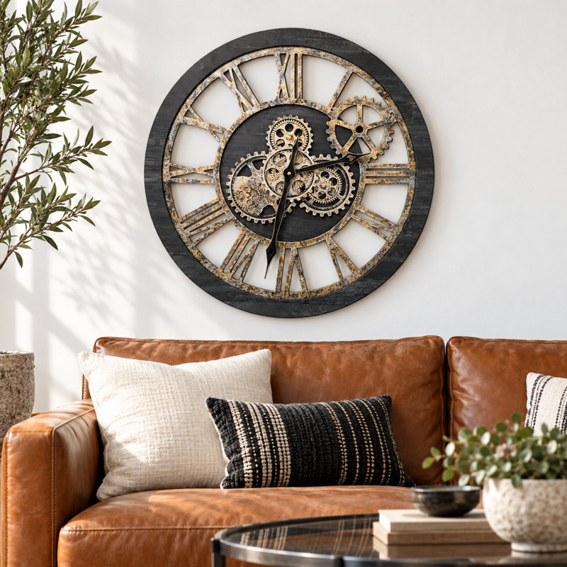 Solid Wood Skeleton Wall Clock, Vintage Black