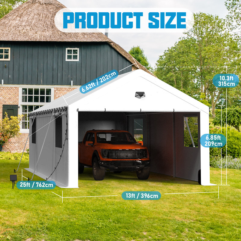 13 Ft. W x 25 Ft. D Heavy Duty Carport Canopy - White, White, 10.3' H x 13' W x 25' D