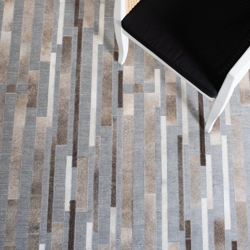 Tapis gris/ivoire en cuir fait main geometry à tissage plat Sevastopol, Rectangle 4 pi x 6 pi