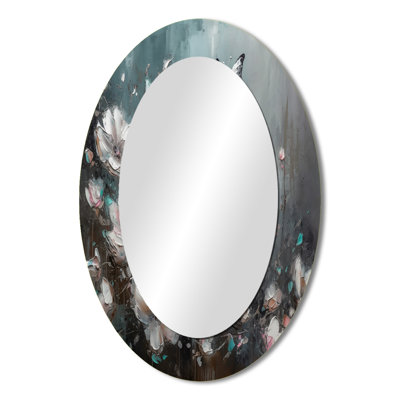 Flowers With Butterflies Painting II - Pink Oval Wall Mirror Decor