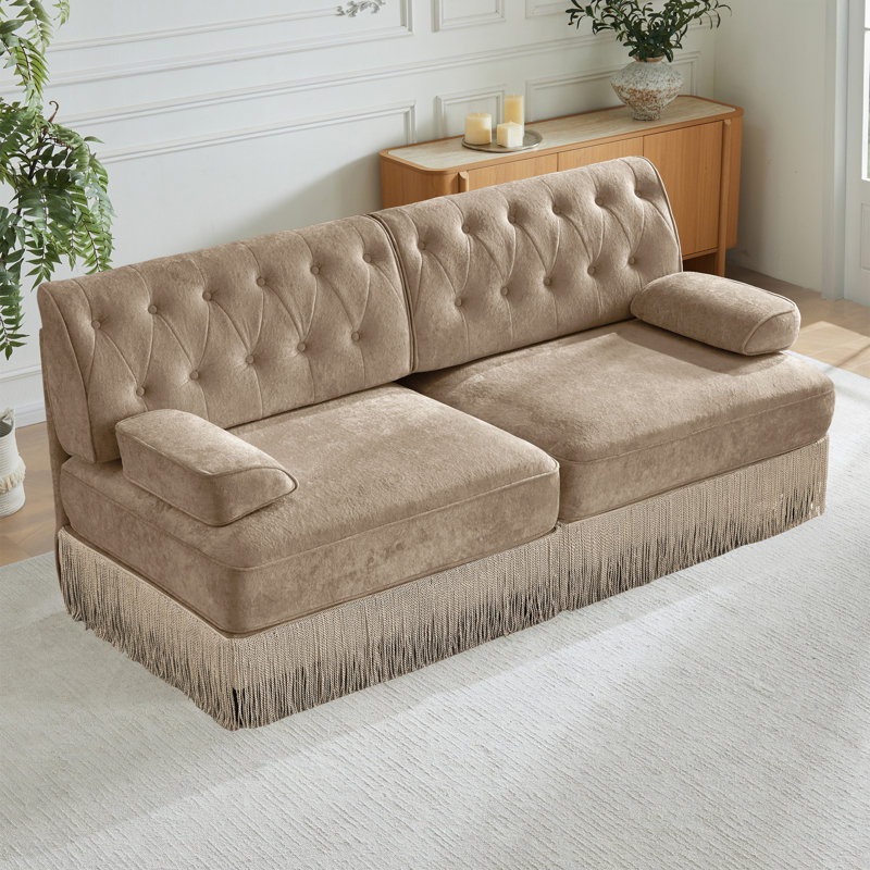 76.6" Velvet Upholstered Chesterfield Sofa with Tassel Fringe Skirt, Camel Velvet, 2