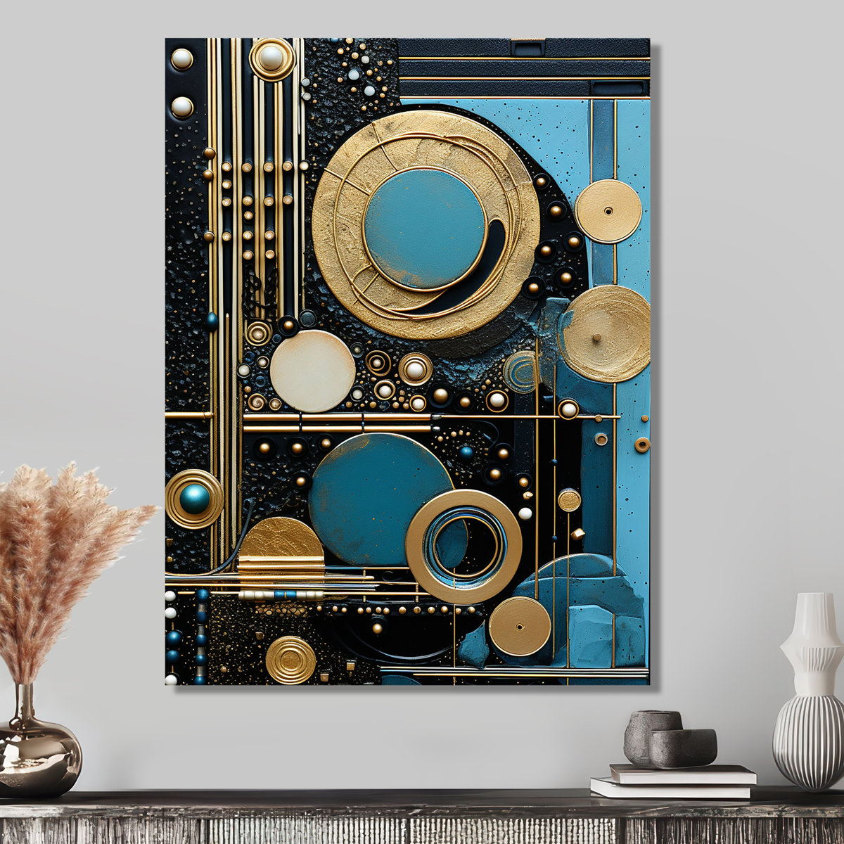Art Nouveau Collage Light Blue Gold - Geometric Wall Art Decor