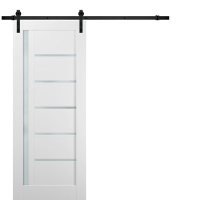 Porte de grange robuste Quadro 4088 Blanc Soie avec verre dépoli, rail de 2 m, quincaillerie robuste, portes intérieures à panneaux pleins - 61 x 203 cm - verre dépoli - rail noir
