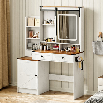 Coiffeuse de maquillage avec miroir coulissant éclairé HD, conception à trois tiroirs et armoire latérale avec tablettes réglables.