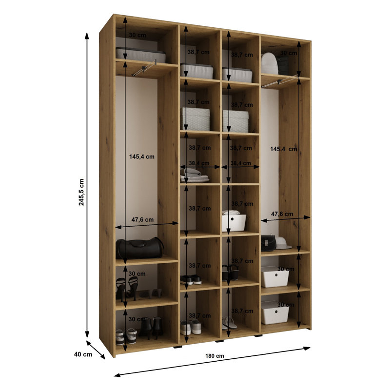 4 Door Manufactured Wood Wardrobe, 245,5 H x 180 W x 40 D, white matt + handles: gold