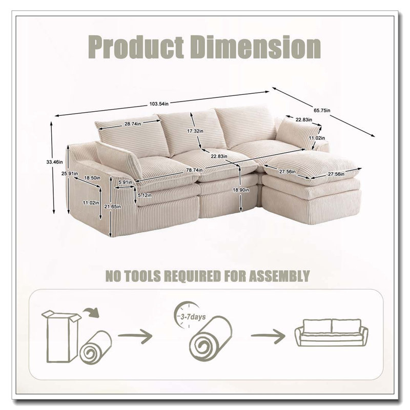 Modern L Shaped Compressed Modular Sectional Sofa, Beige