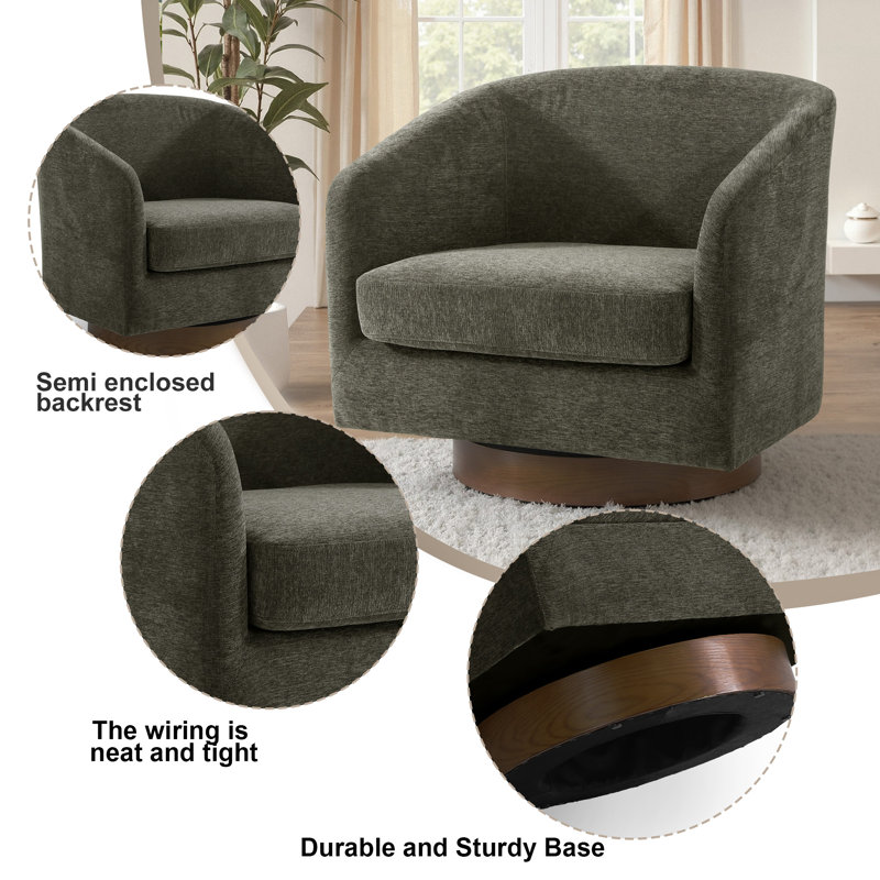 Fauteuil demi-tonneau pivotant en chenille brun clair avec base en bois massif Applewold, Chenille brun clair