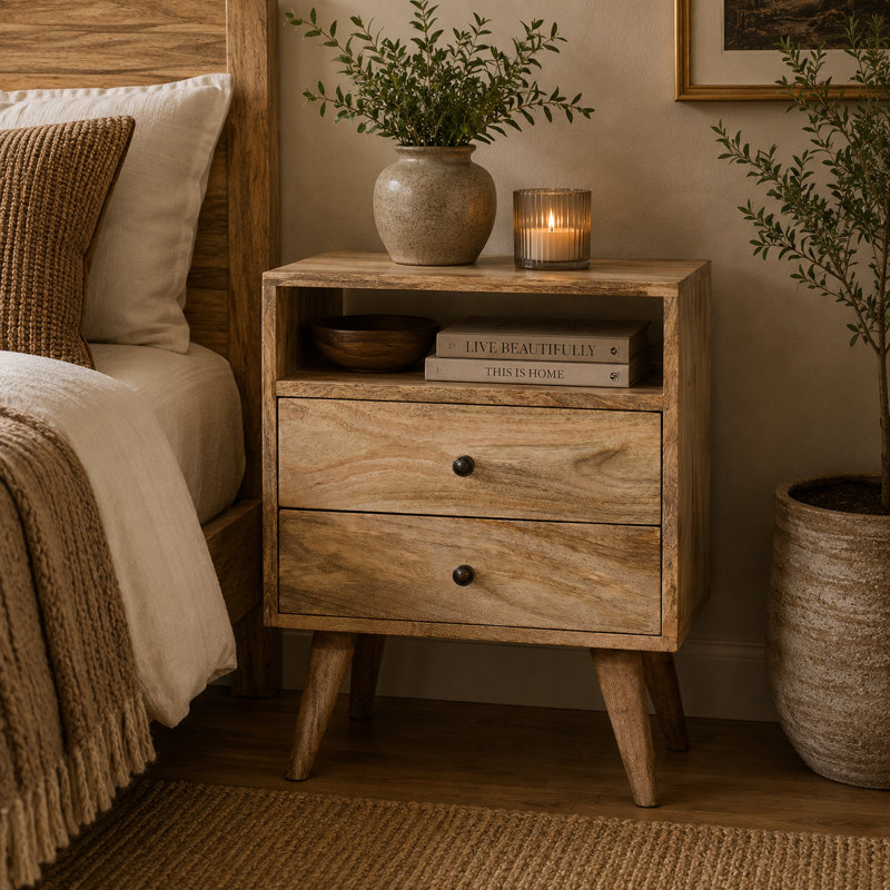 Datura 45cm W Solid Wood Bedside Table, Oak