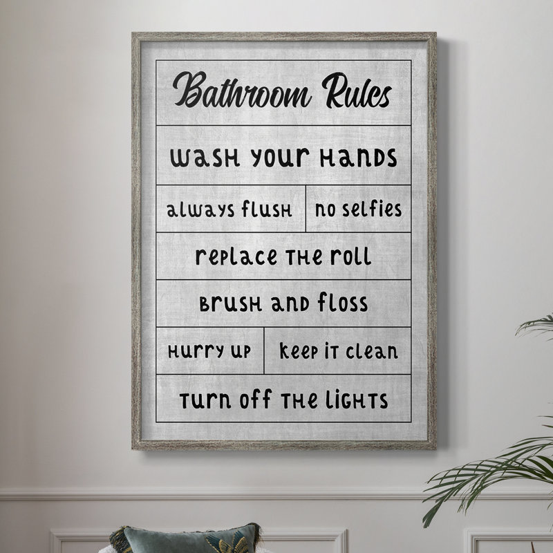 Simple Bathroom Rules Framed Print - Solid Wood, 11" H x 9" W