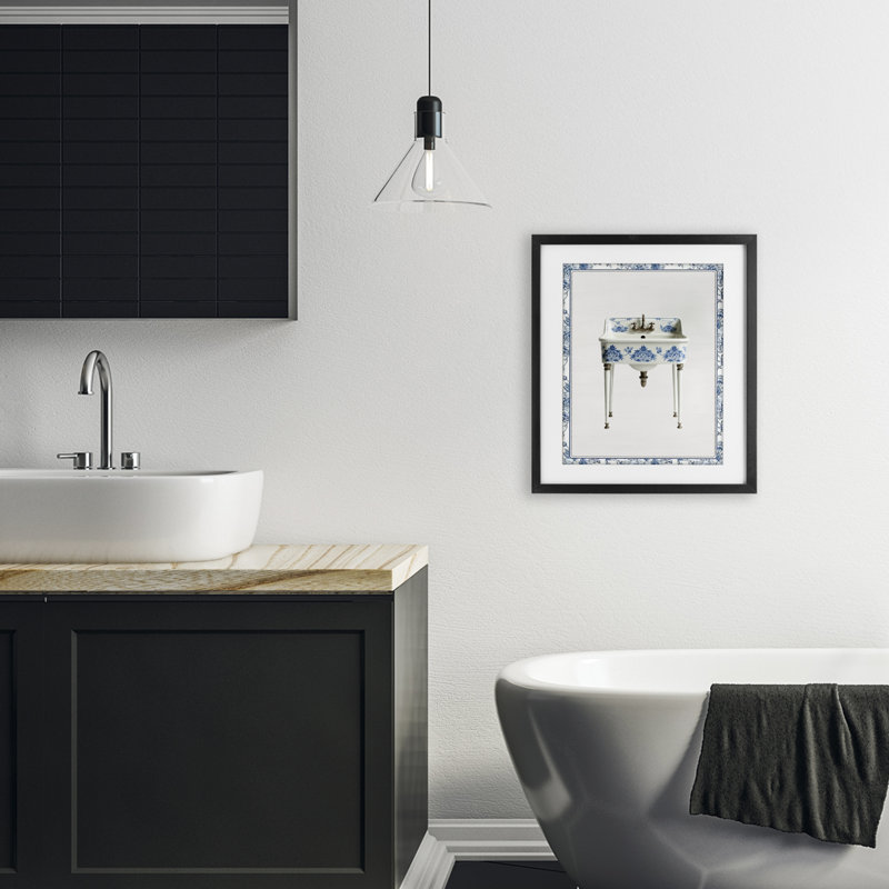 Lavabo rétro chinoiserie, impression sous verre encadrée, H 16 po x l 13 po, Cadre noir minuit