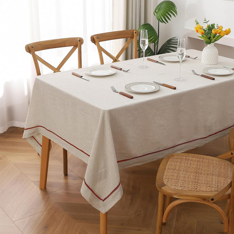 Plateau de table / nappe en lin naturel français avec bordure en point ajouré, Nature