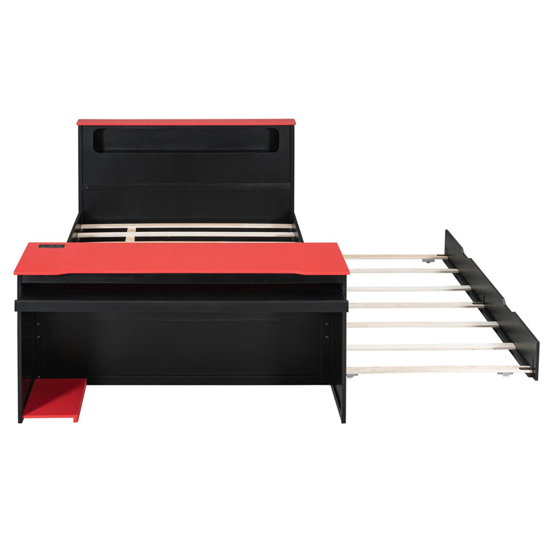 Lit de jour en bois avec couchette, bureau, lumière DEL et USB, Lit double, Rouge