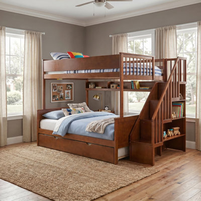 Walnut Solid Wood And MDF Frame Full XL Over Queen Bunk Bed With Storage Shelves, Staircase, Trundle And LED Light