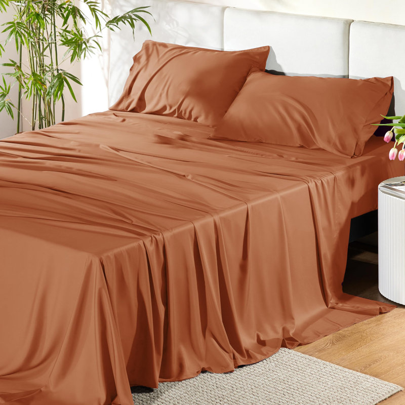 Essential Collection Cooling Rayon Derived from Bamboo Sheet Set, Queen Sheet Set with 2 Pillowcases, Burnt Orange