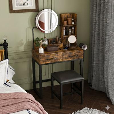 Makeup Vanity Featuring LED Lights With Three Colours And A Power Outlet. This Vanity Table Has Two Large Drawers, Sturdy Metal Legs, And Comes With A Metal Chair. A Dressing Table For Bedrooms Or Dressing Rooms, In Brown.
