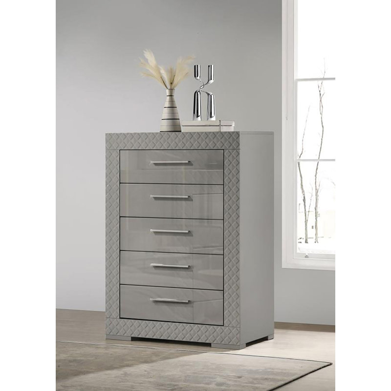 Commode 5 tiroirs Nydirah, Gris haute brillance
