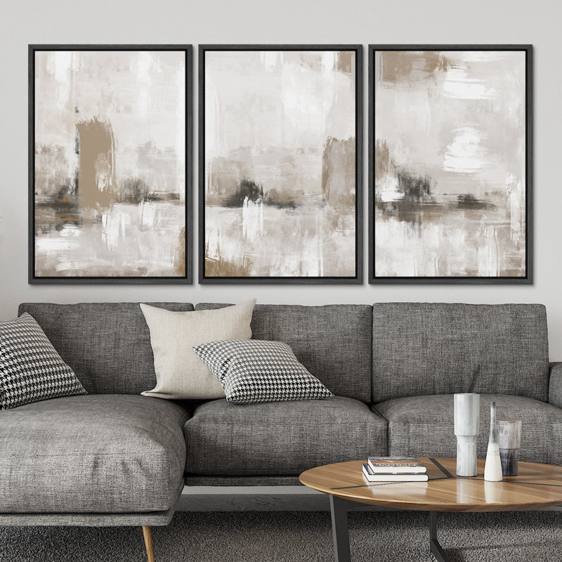 Muted Brown Grunge Abstract Modern Rustic Zen Neutral Home Decor - Framed Canvas Print Wall Art Work, 36" H x 72" W, Black