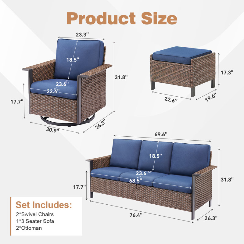 Coady All-Weather Wicker Outdoor Patio Wide Armrest Sofa Conversation Set With Swivel Chairs, Blue, Brown