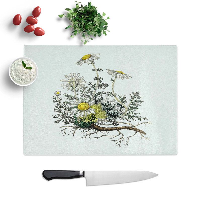 Tempered Glass Chamomile Flowers Illustration Chopping Board, 39 cm W x 28.5 cm L