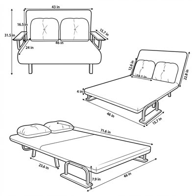 Canapé-lit multifonctionnel pour 2 personnes avec pieds robustes en fer et 5 angles de dossier