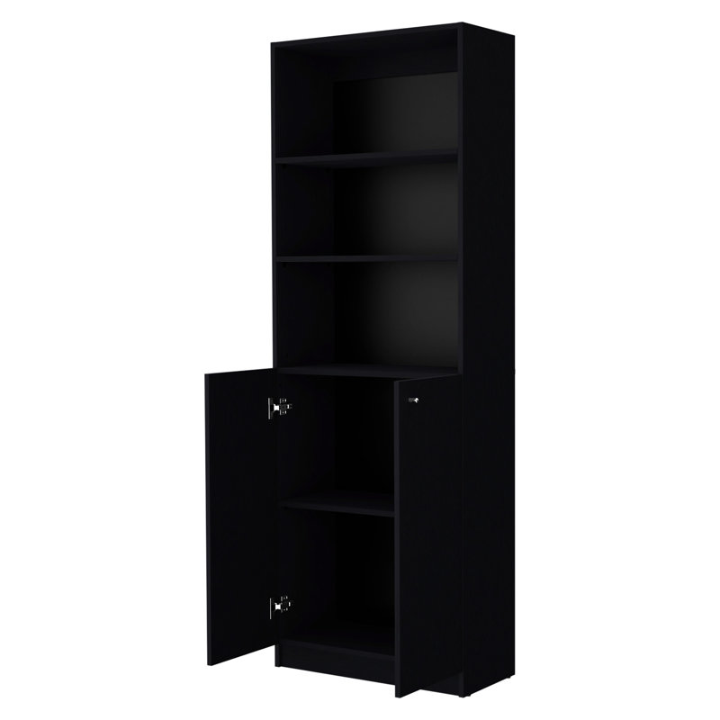 Black 2-Door Bookcase With Concealed Storage And Open Shelves For Office Organization Stylish Spacious Keepsake Decor Display