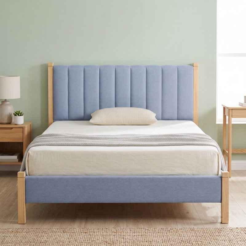 Scandinavian Channel-Tufted Upholstered Bedwith Solid Wood Frame, Queen, Blue Linen, Light Blue, Queen