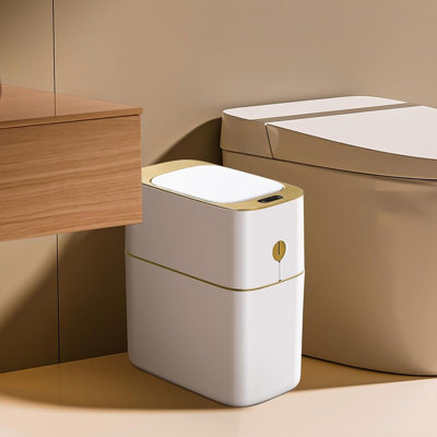 Joybos Automatic Sensor Bathroom Trash Can, 3.5-Gallon Plastic Sensor Bin with Soft-Close Lid, White and Gold (Includes 15 Trash Bags)