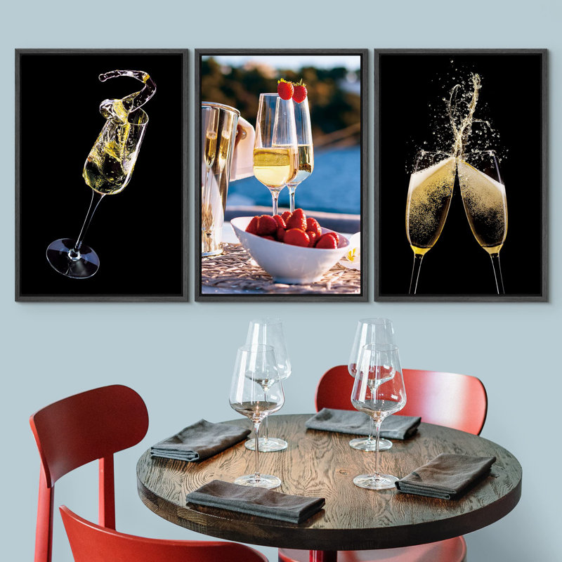 Verre à vin blanc et fraises, cocktails, photographie de fruits, réalisme, paysage rustique, Cadre flottant noir