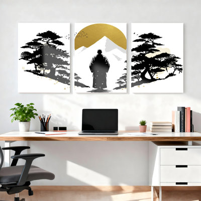 Ensemble de 3 tableaux sur toile tendue représentant un paysage zen japonais avec le mont Fuji et la silhouette d'un samouraï