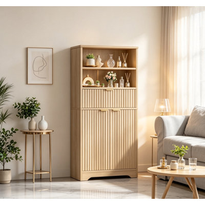 Tall Fluted Storage Cabinet with Drawer, Doors & Adjustable Shelf, Natural