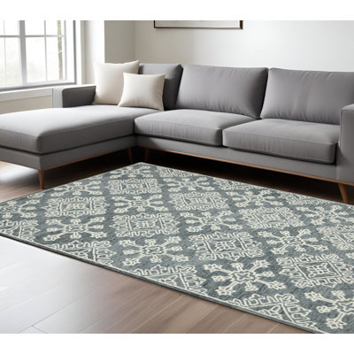 Tapis oriental crocheté à la main gris foncé et ivoire 8 pi x 10 pi