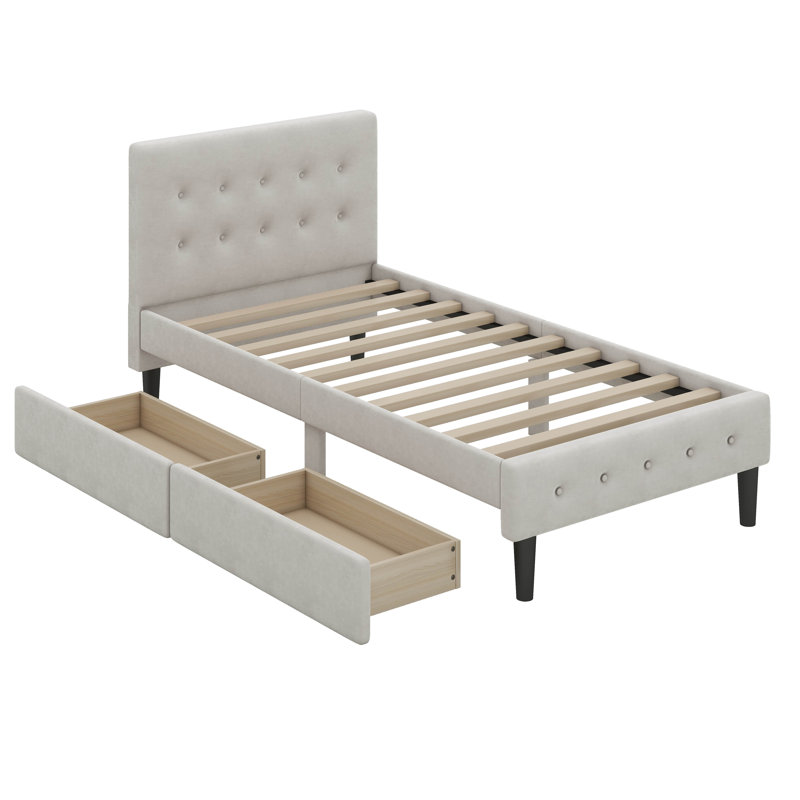 Upholstered Standard Bed with Drawers, Beige