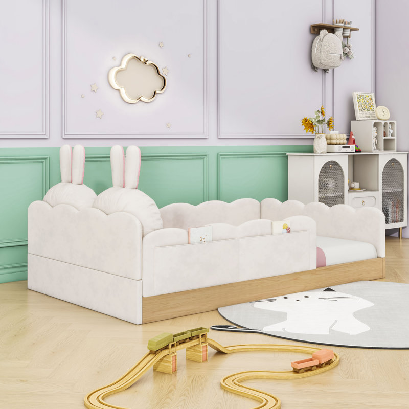 Lit plateforme tapissier avec sacs de rangement, Beige