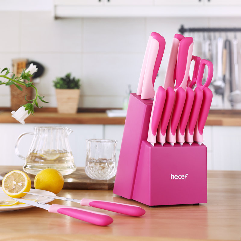 Ensemble de couteaux de cuisine 15 pièces Hecef, acier inoxydable à haute teneur en carbone, revêtement antiadhésif, poignées ergonomiques, design moderne coloré, prêt pour les cadeaux pour la cuisine maison