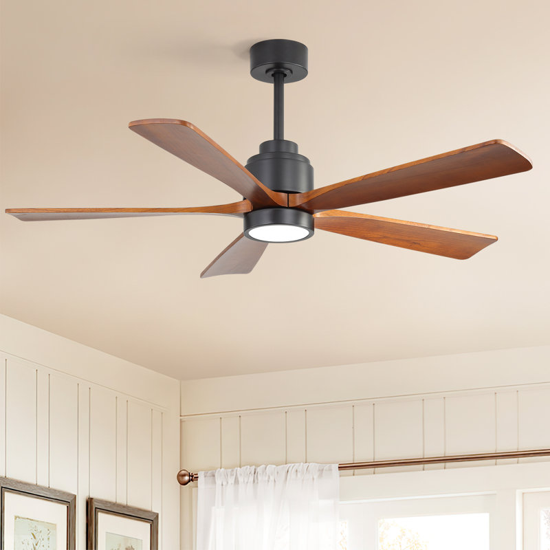 52" 5-Solid Blade Ceiling Fan Light With Remote Control And Silent Dc Motor, Black with Brown Blade