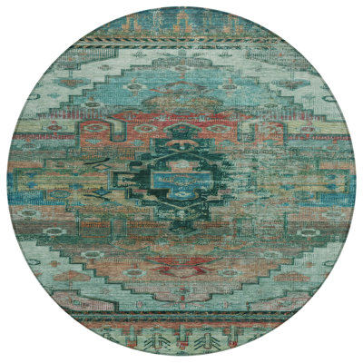 Machine Washable Indoor/Outdoor Xhevrie Teal Rug