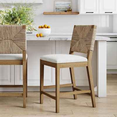 Boucle Upholstered Counter Height Bar Stool With Solid Wood Frame And Woven Seagrass Back, Light Brown/Seagrass/Cream