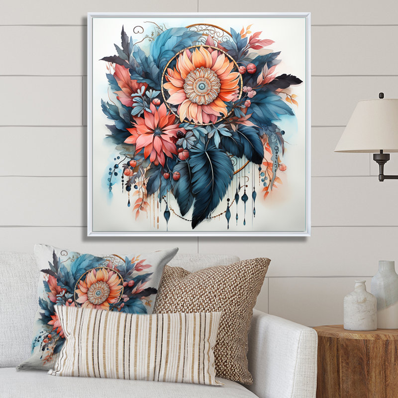Boho Glam Blue Feathers, fleurs roses, aquarelle sur toile, H 16 po x l 16 po x P 1 po, Cadre flottant blanc