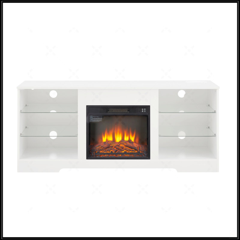 Meuble télé avec foyer électrique et tablettes en verre, Blanc