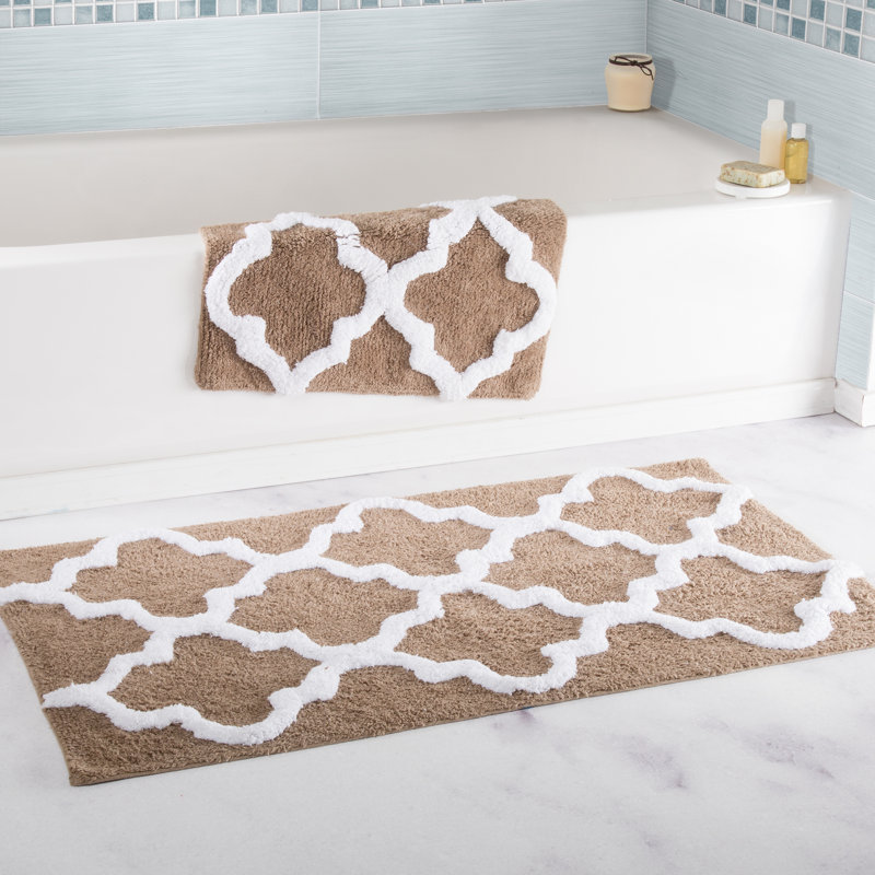 Lavish Home 2 Piece Bathroom Rug Set - 41x24.5 Inch and 34x21 Inch 100% Cotton Bath Mats with Textured Trellis Print for Elegant Bathroom Decor - Bath Rugs Non Slip Washable Bathmats