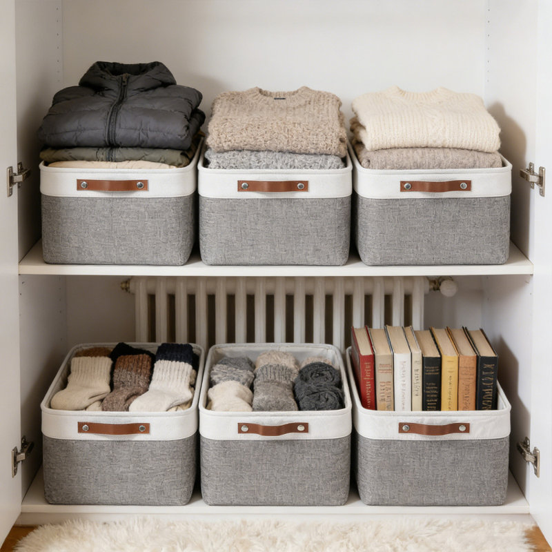 6Pack Closet Organizer Bins ,Storage Bins for Shelves, Foldable Closet Storage Boxes Baskets with Leather Handles for Organizing Clothes, Sheets, Jeans, Toys, Books